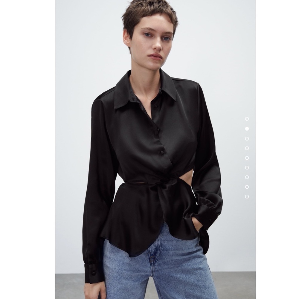 NEW ZARA VENTED SATIN EFFECT TOP BLACK SIZE S